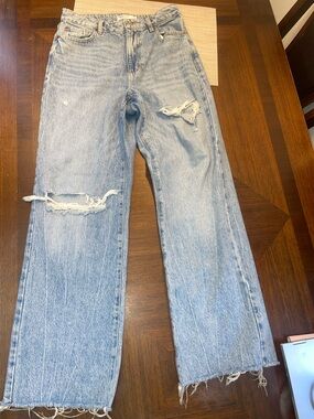 Garage Denim Wide Leg Jeans Distressed Raw Hem Light Wash Size 7